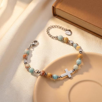 Bracelet for Women Natural Stone Beaded, Stainless Steel Charms, Adjustable - color: 3-Cross