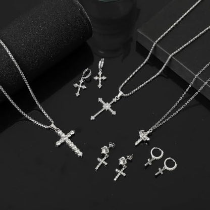 NEWITIN 37 Pieces Silver Jewelry Set for Men Stainless Steel Cross Jewelry - color: Shiny Silver