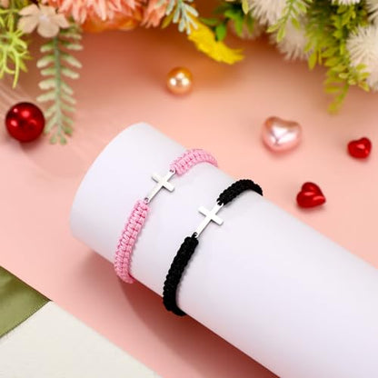 Sureio 2 Pcs Christian Cross Matching Bracelets for Women Men - color: Black, Pink