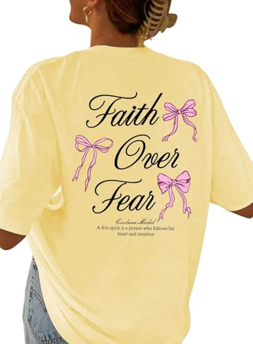 SweatyRocks Women's Bow Shirt Oversized Letter Graphic Tees Cute Tops Trendy Bible Verse Religious T Shirts - color: Yellow, size: X-Large