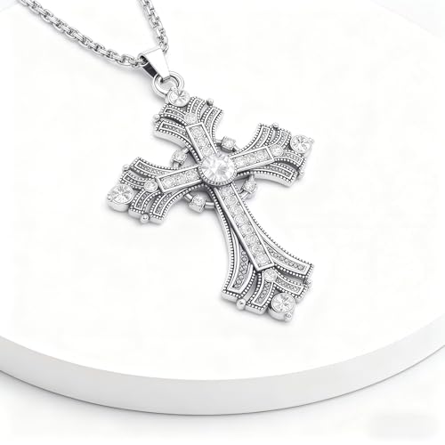 Gold Large Cross Necklace For Women Men Long Zircon Chunky Cross Necklace Retro Gothic Y2K Style Jewelry Statement Surprising Hallowmas Christmas Party Ball Jewelry Accessories Gift - color: silver