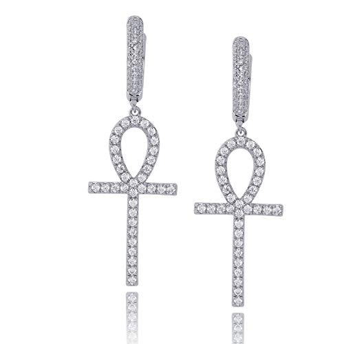 TOPGRILLZ Cross Hoop Dangle Earrings 925 Sterling Silver 5A+ Cubic Zirconia 14K Gold Hypoallergenic Cross Hoop Cuff Huggie Drop Earrings For Men Women - color: Ankh Silver