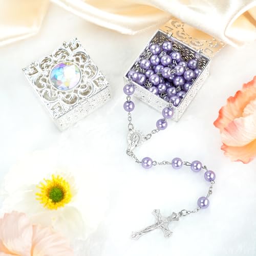 Purple Pearl-Style Rosary Necklace with Metal Gift Box, 8mm, 22 Inch - color: Purple