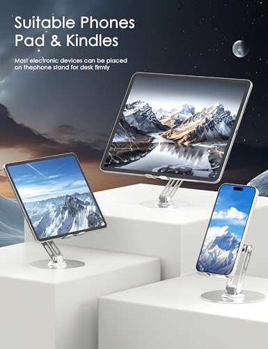 360° Rotating Cell Phone Stand for Desk, Adjustable Foldable Aluminum Phone Holder with Anti-Slip Base, Sturdy Desktop Stand Compatible with iPhone, iPad, Android Phones – Silver - color: Silver