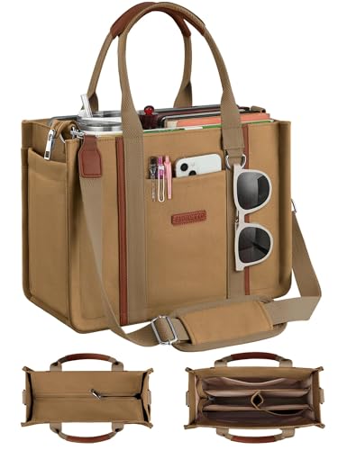 FIORETTO Women’s Canvas Tote Bag Purse with Zipper, Multi Compartment & Reinforced Bottom, Ideal for Work, Bible, Travel - color: Brown, size: Large, style: Built-in Organizer