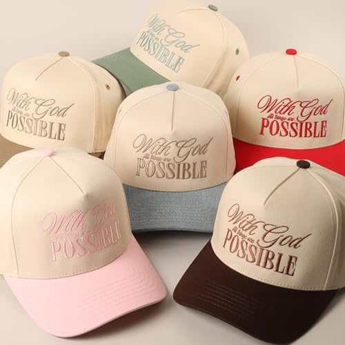 MIRMARU Christian Theme 5 Panel Embroidered Cotton Trucker Hat with Inspirational Faith Sayings for Men and Women - color: With God All Possible, Light Pink