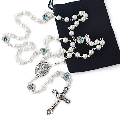 HanlinCC Catholic Miraculous Rosary Glass Pearl Beads Pray Card & Gift Bag - color: White