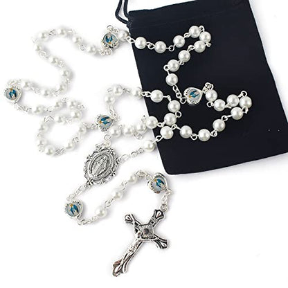 HanlinCC Catholic Miraculous Rosary Glass Pearl Beads Pray Card & Gift Bag - color: White