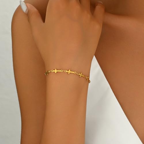 18K Gold Plated Pearl Beaded Cross Bracelets for Women Adjustable - color: Multi Cross-Gold
