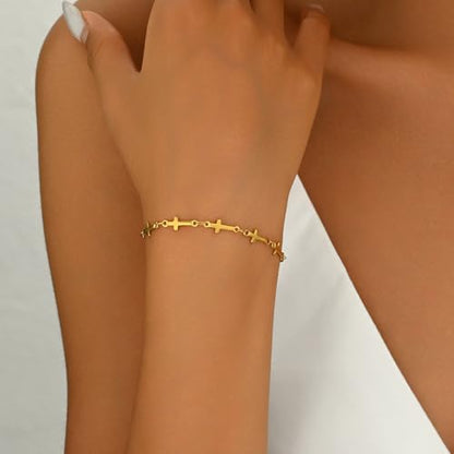 18K Gold Plated Pearl Beaded Cross Bracelets for Women Adjustable - color: Multi Cross-Gold