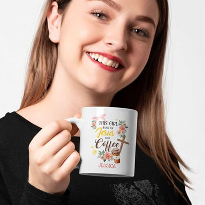 Christian Themed Coffee Cup - This Girl Runs on Jesus and Coffee Mug, Personalized Name Ceramic Cup 11oz 15oz, Custom Religious Gift for Children - color: XUA-324-1558-JESUS AND COFFEE MUG