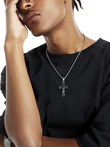 ChainsHouse Cross Necklace for Men, Black/18K Gold Plated/Stainless Steel Christian Jewelry Cross Pendant Necklace for Men, with Gift Box - color: a: Jecus Cross-Steel