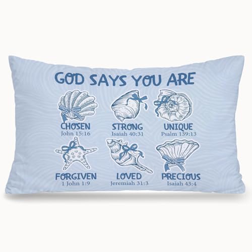 Blue Coastal Beach Christian 12x20 Pillow Cover, Preppy Beach Room Decor, God Says You are Beachy Bible Verse Decorative Throw Pillow Covers Pillowcases for Girls Room Dorm Apartment Decor - color: Bible - Seashell (White03)