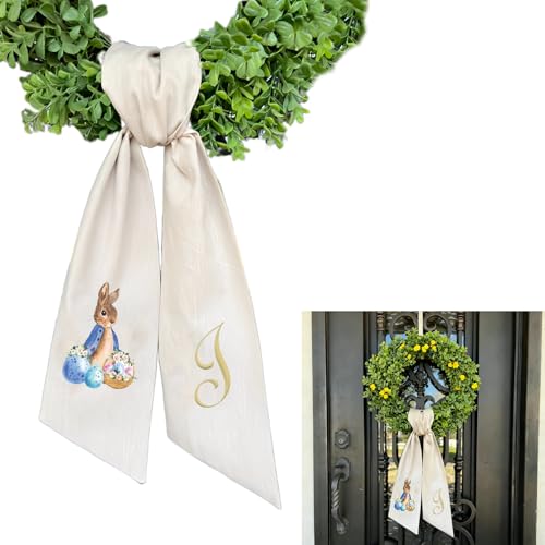 Rabbit Easter Wreath Bow Custom Embroidered Monogram Spring Bunny Wreath Sash for Front Door Hand Tailored Easter Decorations Spring Bows for Wreaths (J) - color: J