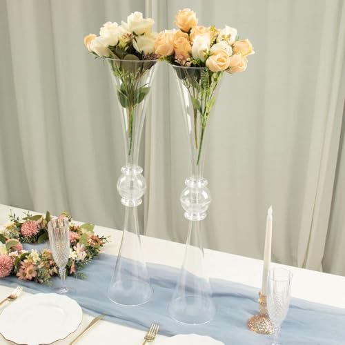 Efavormart 2 Pack | 27" Clear Crystal Embellishment Trumpet Table Centerpiece, Reversible Plastic Flower Vase - color: Clear, size: 27"