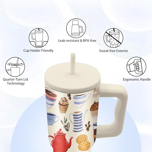 Gifts for Women - 24 oz Tumbler with Handle and Straw - Insulated Stainless Steel Cup, Leakproof, Cute Teapot Dessert Coffee Design Travel Mug, BPA Free, Fits Car Cup Holders, Keeps Drinks Cold/Hot - color: Coffee