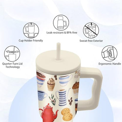 Gifts for Women - 24 oz Tumbler with Handle and Straw - Insulated Stainless Steel Cup, Leakproof, Cute Teapot Dessert Coffee Design Travel Mug, BPA Free, Fits Car Cup Holders, Keeps Drinks Cold/Hot - color: Coffee