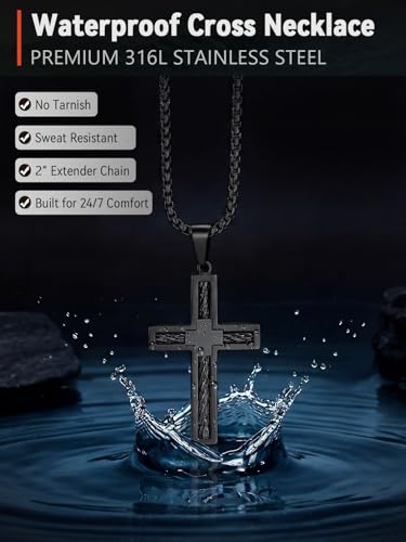 FaithHeart Stainless Steel Cross Necklace for Men, Silver/Black/Gold Cross Chains for Men Religious Amulet Necklaces Christian Gifts for Dad - style: Twist Cross-Black