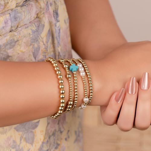 Gold Beaded Pearl Cross Bracelets Stackable Christian Stretch Jewelry Set - color: Turquoise Blu