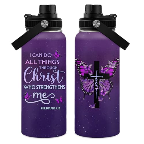 Christian Gifts for Women - I Can Do All Things Christ Water Bottle Tumbler 32oz - Inspirational Religious Faith Gifts for Women - Christian Jesus God Bible Verse Prayer Gift for Christmas - color: Christian-Purple/I Can Do All Things Christ