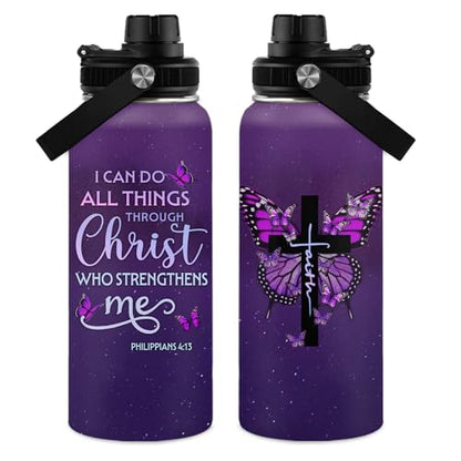 Christian Gifts for Women - I Can Do All Things Christ Water Bottle Tumbler 32oz - Inspirational Religious Faith Gifts for Women - Christian Jesus God Bible Verse Prayer Gift for Christmas - color: Christian-Purple/I Can Do All Things Christ