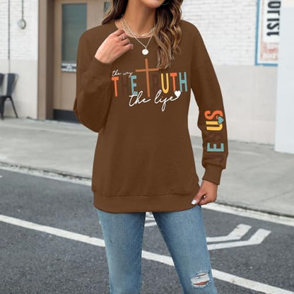 Tuislay Christian Sweatshirt Womens Jesus God Pullover Bible Verse Crewneck Sweatshirts Religious Cross Graphic Shirts - color: Brown, size: Medium