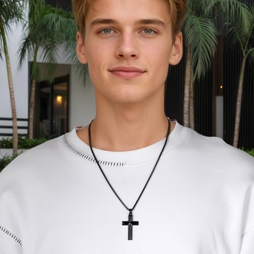 Stainless Steel Cross Necklace for Men with Adjustable Box Chain Christian Cross neckalce Gift - color: Black