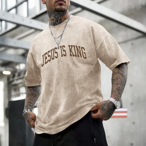 Mens Christian Shirts Jesus is King Love You Tshirt God Faith Religious Bible Verse Oversized Acid Wash Graphic Tees - color: Apricot, size: Small
