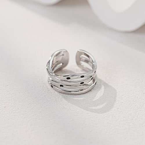 S925 Sterling Silver Open Ring for Women, Platinum Plated Adjustable Cross Line Band Minimalist Finger Jewelry Gift for Birthday