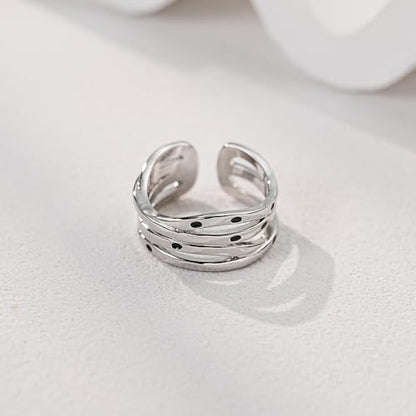 S925 Sterling Silver Open Ring for Women, Platinum Plated Adjustable Cross Line Band Minimalist Finger Jewelry Gift for Birthday