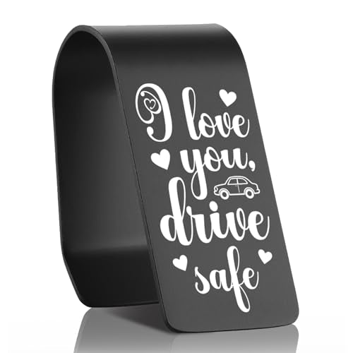 I Love You Drive Safe Car Visor Clip Stainless Steel, Engraved Safe Driving Reminder Gift for Driver, Romantic Car Accessory, Car Receipt Holder & Sun Visor Organizer EDG43 - color: Black-G43