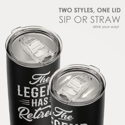 SANDJEST Retirement Gifts for Coworker, Colleagues - The Legend Has Retired Tumbler - Birthday, Christmas, Happy Retirement Gifts - 20oz Stainless Steel Insulated Coffee Travel Mug Gift for Men, Women - color: Retirement 1