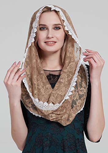 YHDDYG Infinity Veil for Catholic Mass Lace Infinity Scarf Church Veil for Girls Mantilla Infinity Veils Roses S97 - color: Champagne Infinity