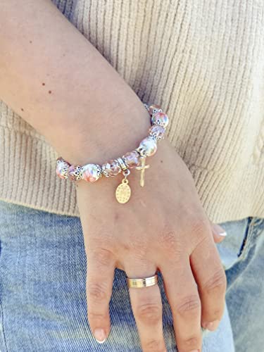 Nazareth Store Religious Cross Bracelet Pink Crystal Beaded Stretch Rosary Bracelet with Ceramic Flowers Beads Bangle Crucifix & Miraculous Medal Charm