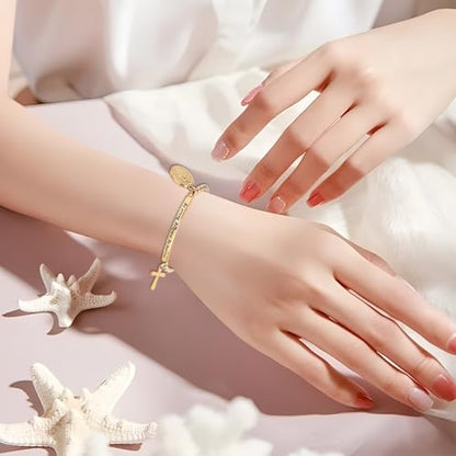 DS Women Christian Charm Bracelet,Cross Scripture Stainless Steel Jewelry - style: Be strong,Be brave,Be fearless.You are never alone-Gold