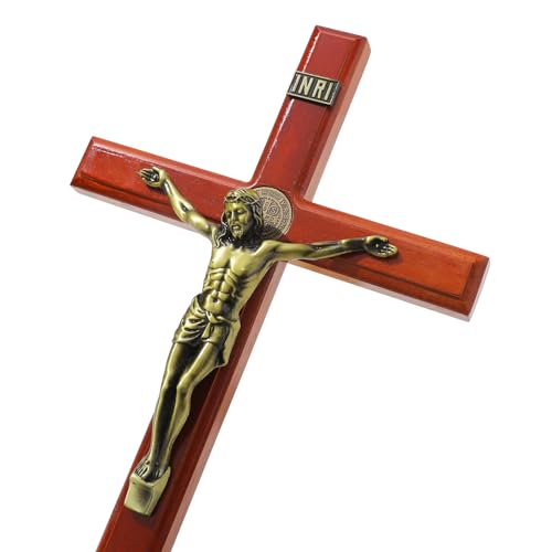 KOMI 15" Wood Crucifix Wall Cross for Home Decor - color: Brown Red-15 Inch