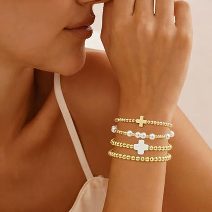 Gold Bracelets for Women Jewelry - Easter Basket Stuffers, Cross/Pearl/Beaded Bracelets Set, Dainty 14K Gold Plated Beaded Bracelets Stack, Birthday Easter Gifts for Women - color: 2Cross+1Bead+1Pearl