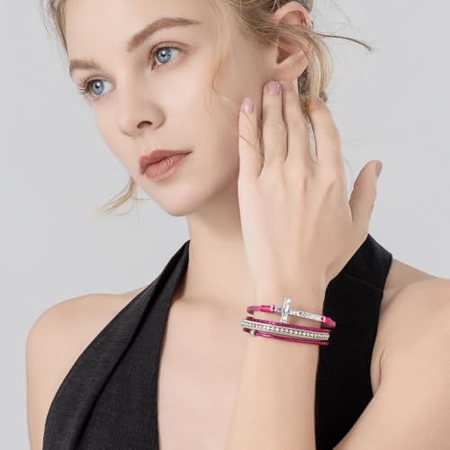 Christian Cross Leather Bracelets Boho Western Blessing Religious Jewelry - color: Hot Pink