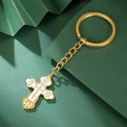 TEAMER Cross Keychain Russian Orthodox Crucifix Eastern Church Keychain Religious Christian Prayer Jewelry for Men Women - color: White Gold