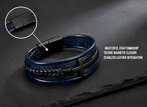 Stainless Steel Braided Leather Bracelet for Men Cuff Bangle Cross - color: Blue&Black