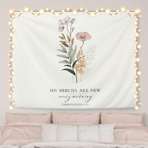 AQYIP Floral Christian Tapestry Wall Hanging, His Mercies Are New Every Morning Floral Tapestry Decorative, Bible Verse Wall Blanket Decor for Home Living Room Bedroom, 50x60 Inch - color: christian floral