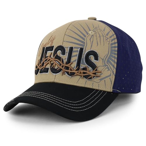 Trendy Apparel Shop Only Jesus Praying Hand Embroidered Christian Ball Cap - color: Khaki Black 7