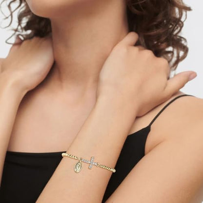 HZMAN 14K Gold Plated Cross Bracelet for Women, Brass Adjustable Bolo Bracelet with CZ, Religious Saint Benedict/Virgin Mary/Jude Pendant Jewelry Gift - color: Virgin Mary