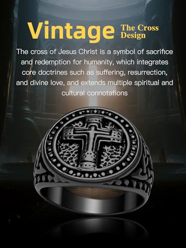 Christian Cross Rings for Men - Stainless Steel Jesus Jewelry with Celtic Knot Sides (Gold/Black/Silver) - Catholic Religious Gift, Size 7-13 - color: E-Black-Jesus
