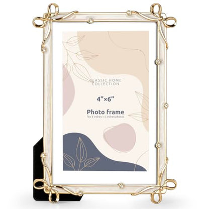 Metal Photo Picture Frame, 4x6 Inch, Bow Design with Rhinestones, Decorative Picture Frame, Classic Home Collection, Wedding Gifts (Gold) - color: Gold