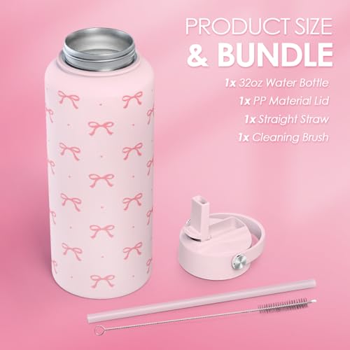 Pink Bow Water Bottle Stainless Steel Insulated Vacuum 32oz with Lid, Gifts for Women Girls Teens Birthday Christmas - color: Coquette Pink Bow