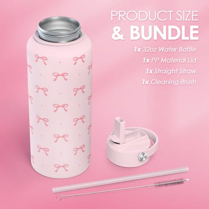 Pink Bow Water Bottle Stainless Steel Insulated Vacuum 32oz with Lid, Gifts for Women Girls Teens Birthday Christmas - color: Coquette Pink Bow