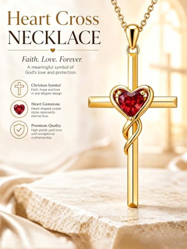 Birthstone Cross Necklace for Women 14K Gold Plated Heart Infinity Cross Pendant Necklace Christian Religious Jewelry Anniversary Birthday Gifts for Wife Mom Her - color: Jan/Garnet