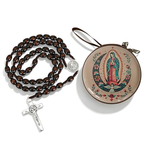 Wooden Catholic Rosary Beads, Rosarios Catolicos with Decorative Prayer Box - color: Brown (6)