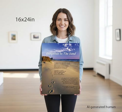 Framed-Footprints in the Sand Canvas Wall Art-16x24in - color: Purple footprints, size: 24"L x 16"W
